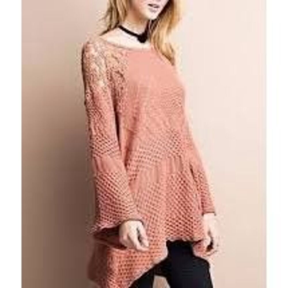 Easel Crochet Lace Knit Sweater Tunic Womens S/M Boho Peplum Rust Cotton Long Sl